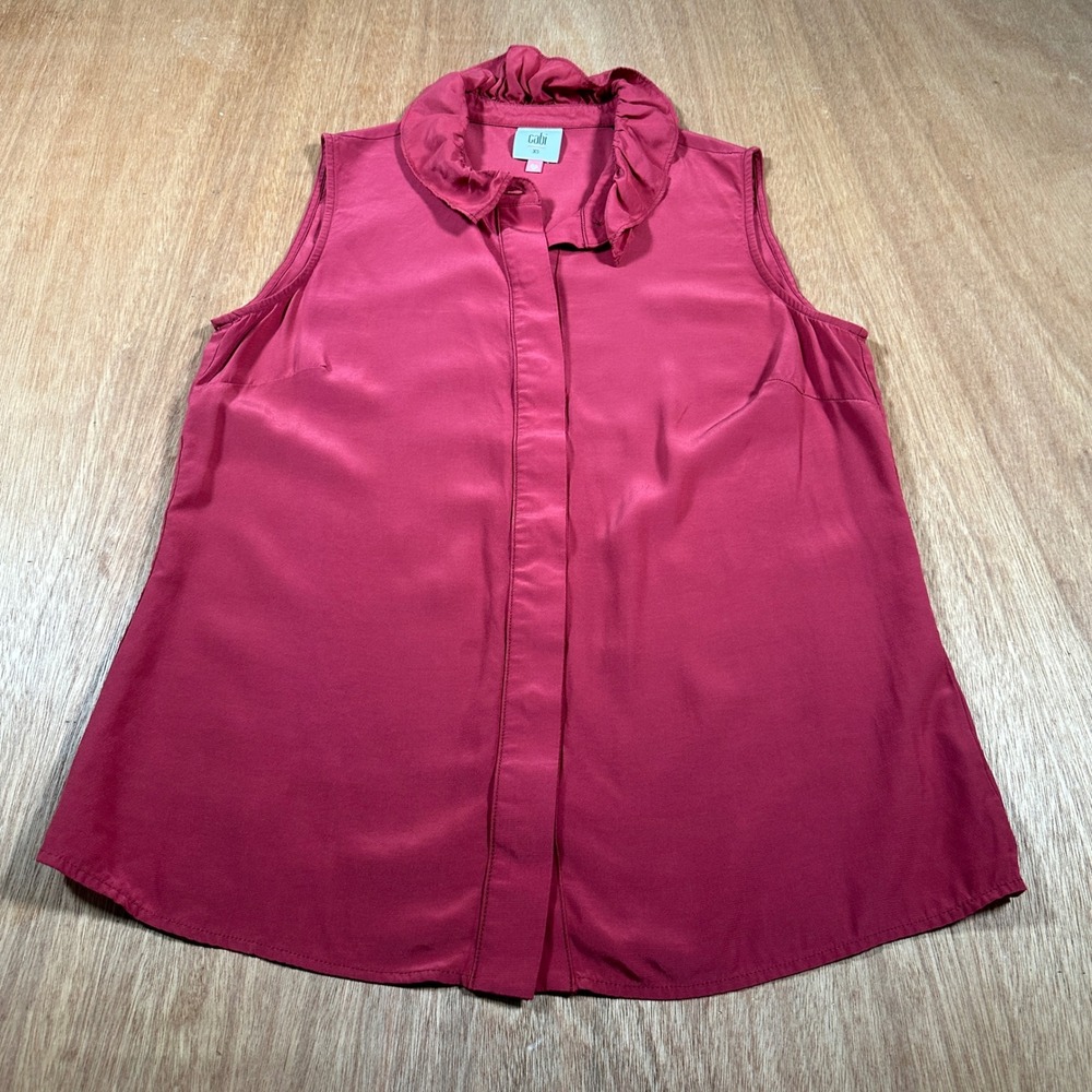 Cabi Ruffle Collar Blouse Women XS Red Light Rust Sleeveless Hidden Button Top
